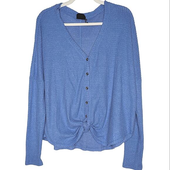 Out From Under Urban Outfitters Blue Tie Front V-Neck Long Sleeve Thermal Shirt - Picture 1 of 5